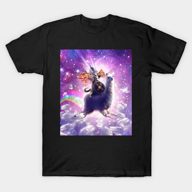 Lazer Warrior Space Cat Riding Llama Eating Pizza T-Shirt by Random Galaxy